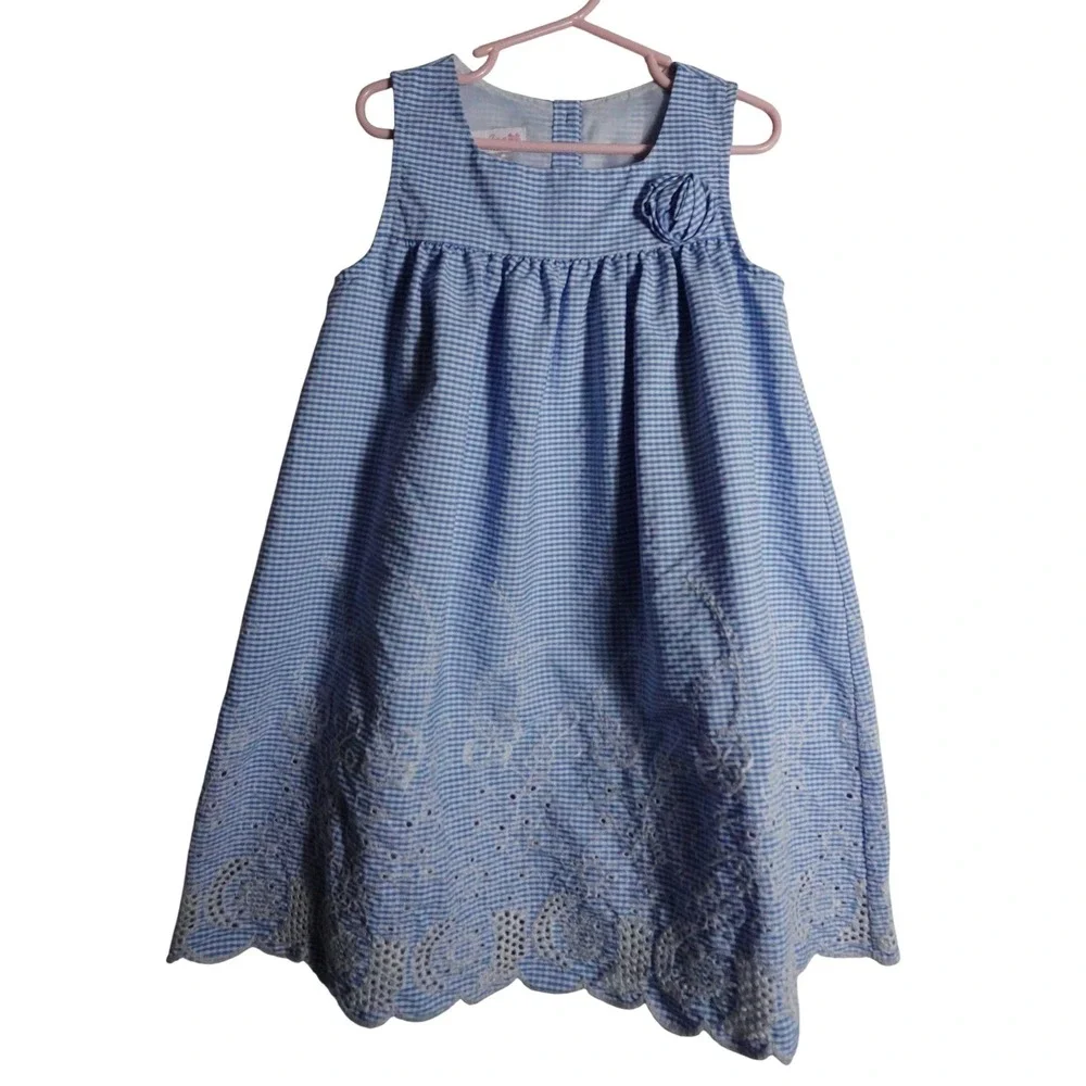 Bonnie Jean Gingham Dress Size 6 Preppy Blue White Eyelet Scallop Hem